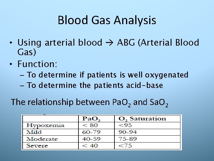 Blood Gas Analysis • Using arterial blood ABG (Arterial Blood Gas) • Function: –