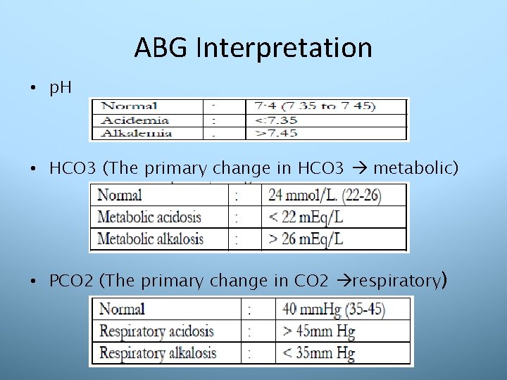 ABG Interpretation • p. H • HCO 3 (The primary change in HCO 3