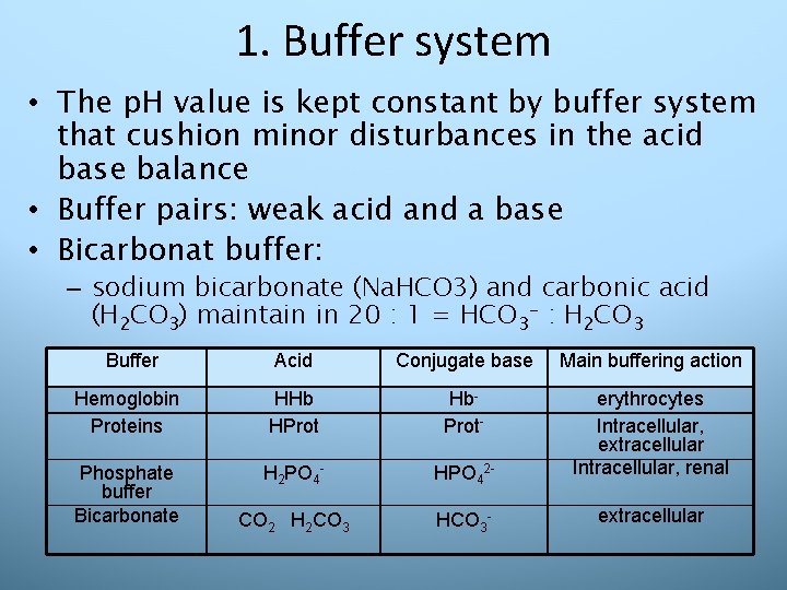 1. Buffer system • The p. H value is kept constant by buffer system