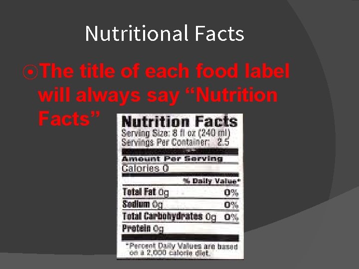Nutritional Facts ⦿The title of each food label will always say “Nutrition Facts” 