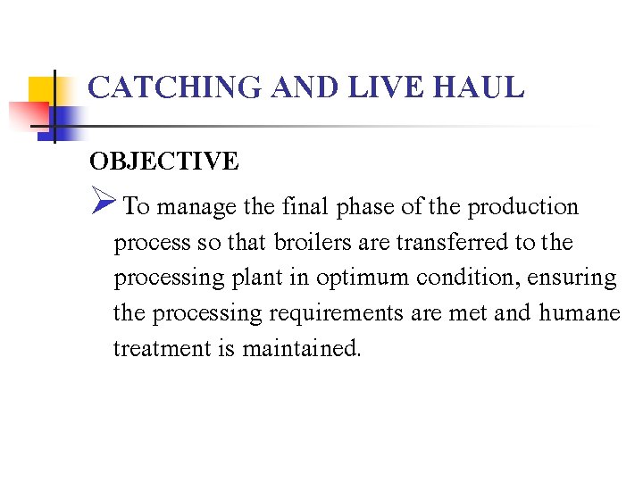 CATCHING AND LIVE HAUL OBJECTIVE ØTo manage the final phase of the production process