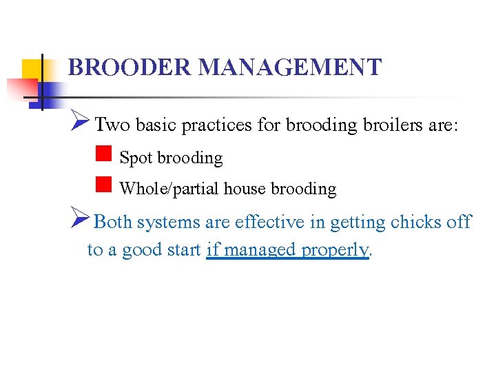 BROODER MANAGEMENT ØTwo basic practices for brooding broilers are: n Spot brooding n Whole/partial