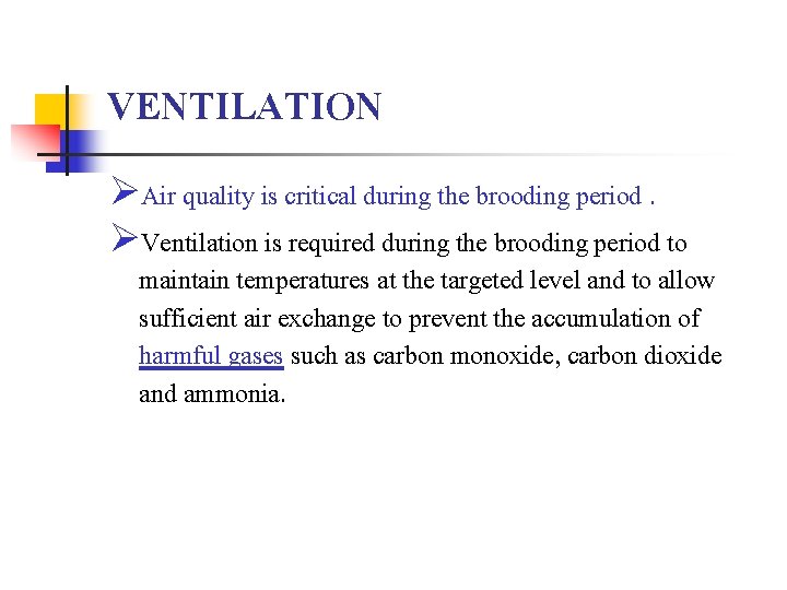 VENTILATION ØAir quality is critical during the brooding period. ØVentilation is required during the