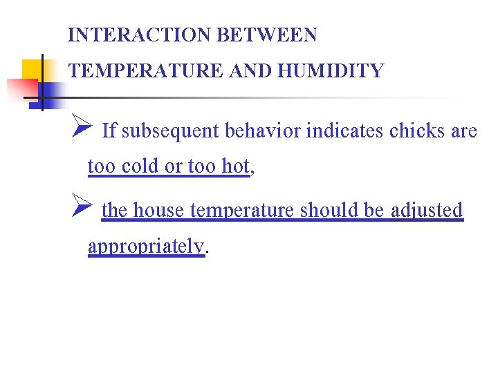 INTERACTION BETWEEN TEMPERATURE AND HUMIDITY Ø If subsequent behavior indicates chicks are too cold
