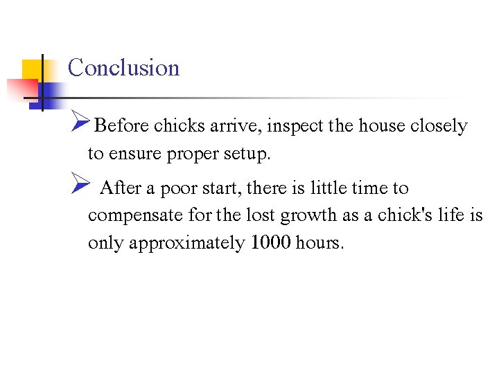 Conclusion ØBefore chicks arrive, inspect the house closely to ensure proper setup. Ø After