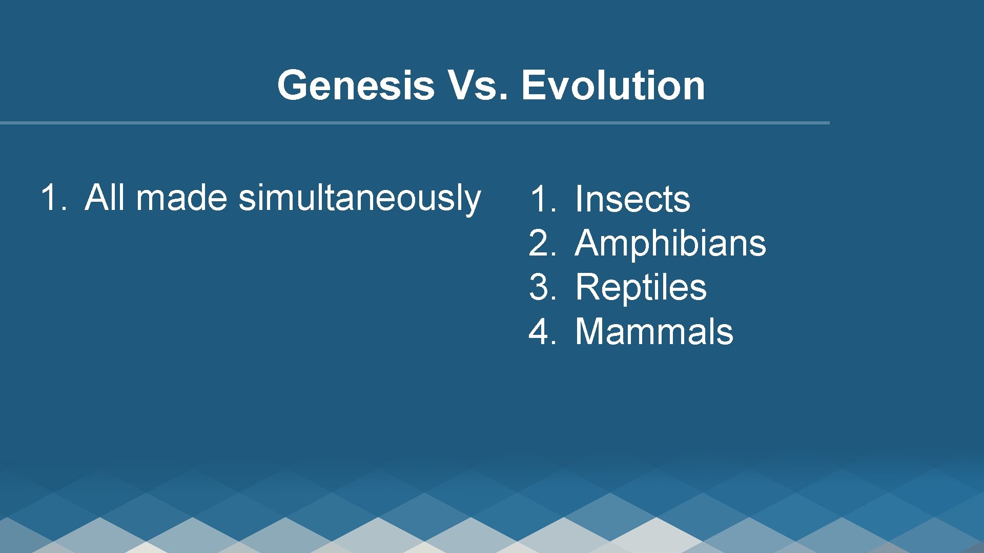 Genesis Vs. Evolution 1. All made simultaneously 1. 2. 3. 4. Insects Amphibians Reptiles