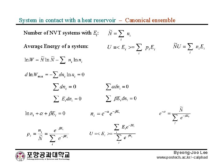 System in contact with a heat reservoir – Canonical ensemble Number of NVT systems