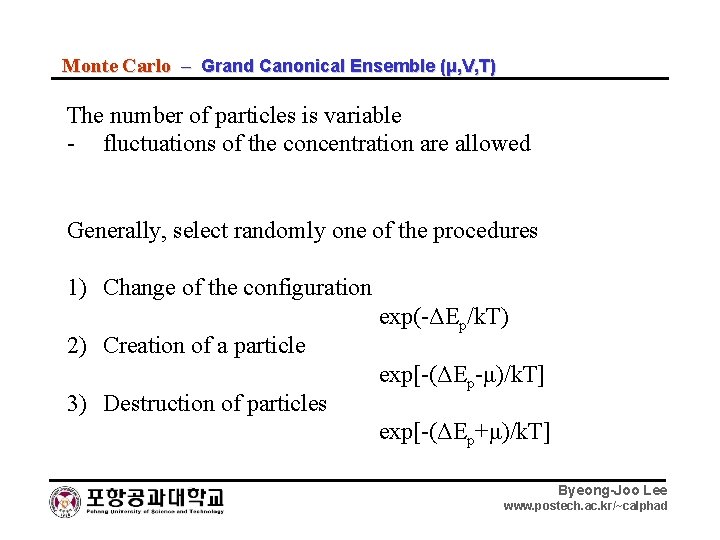Monte Carlo – Grand Canonical Ensemble (μ, V, T) The number of particles is