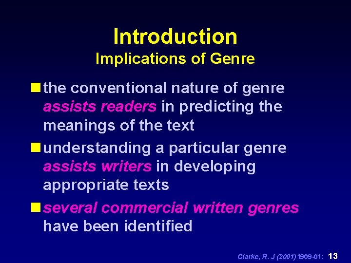 Introduction Implications of Genre n the conventional nature of genre assists readers in predicting