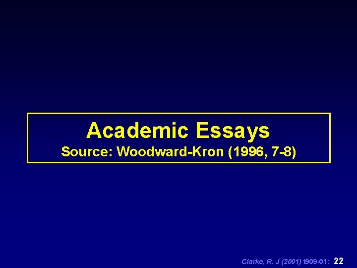 Academic Essays Source: Woodward-Kron (1996, 7 -8) Clarke, R. J (2001) t 909 -01:
