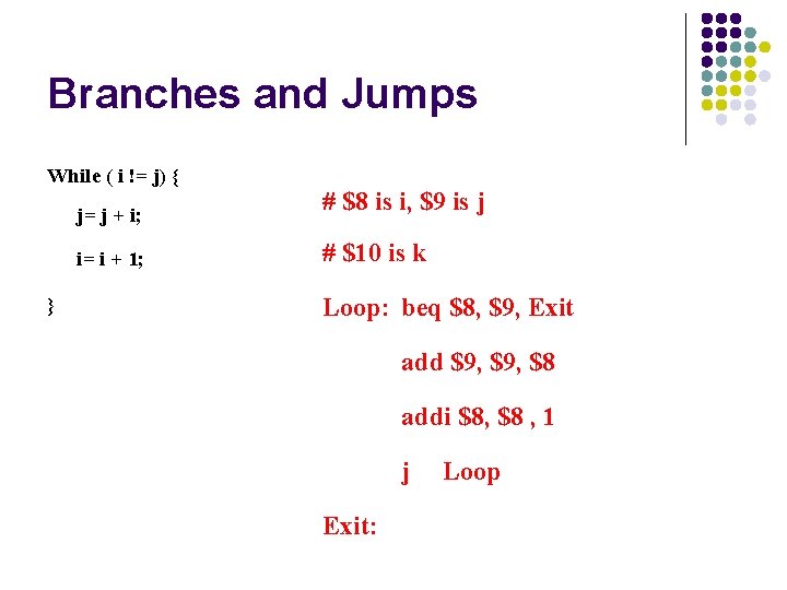 Branches and Jumps While ( i != j) { j= j + i; i=