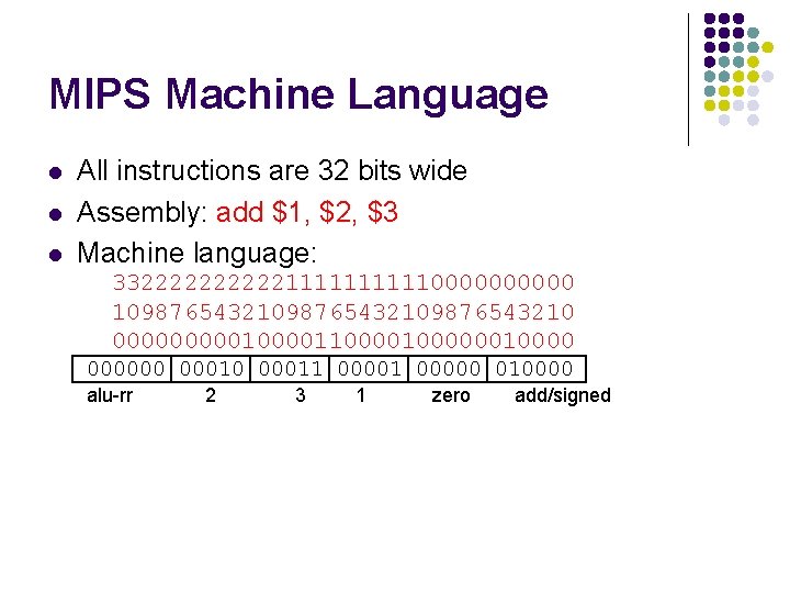 MIPS Machine Language l l l All instructions are 32 bits wide Assembly: add