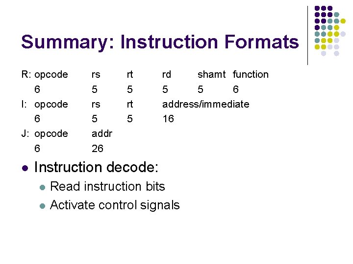 Summary: Instruction Formats R: opcode 6 I: opcode 6 J: opcode 6 l rs