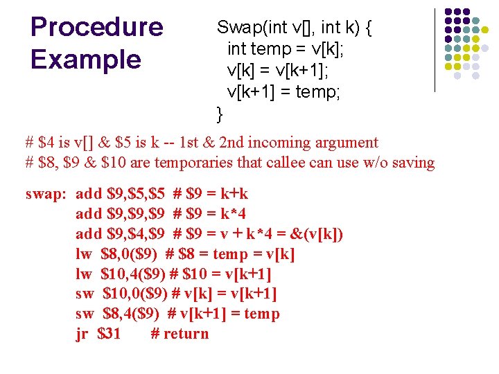 Procedure Example Swap(int v[], int k) { int temp = v[k]; v[k] = v[k+1];