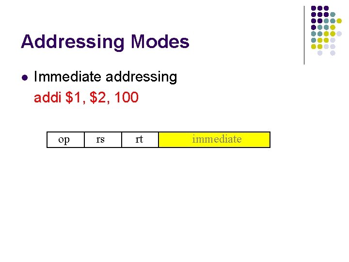 Addressing Modes l Immediate addressing addi $1, $2, 100 op rs rt immediate 