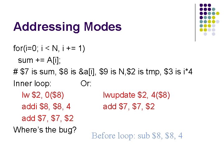 Addressing Modes for(i=0; i < N, i += 1) sum += A[i]; # $7