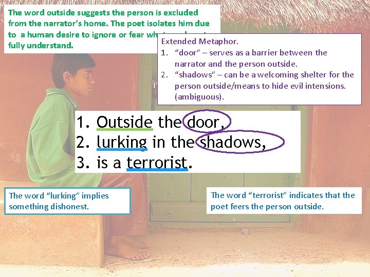 The word outside suggests the person is excluded from the narrator’s home. The poet