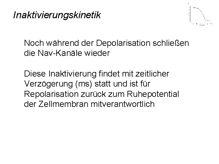 Inaktivierungskinetik Noch während der Depolarisation schließen die Nav-Kanäle wieder Diese Inaktivierung findet mit zeitlicher