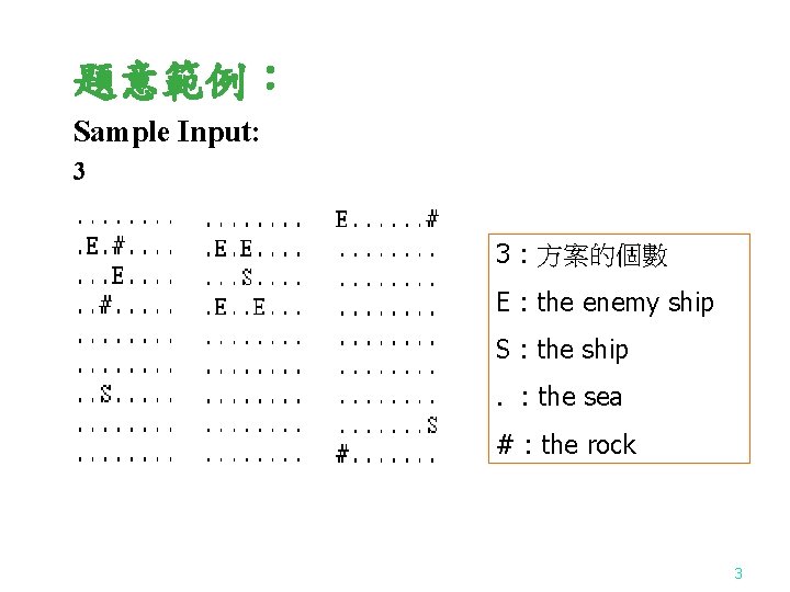 題意範例： Sample Input: 3 3 : 方案的個數 E : the enemy ship S :