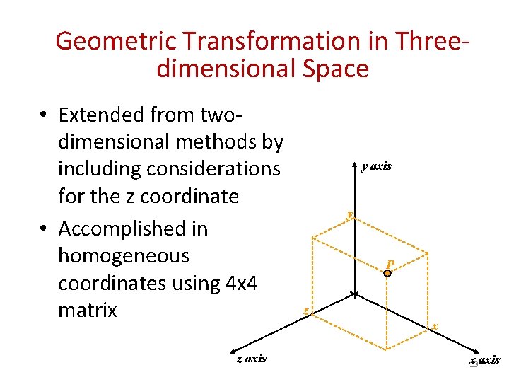 Geometric Transformation in Threedimensional Space • Extended from twodimensional methods by including considerations for