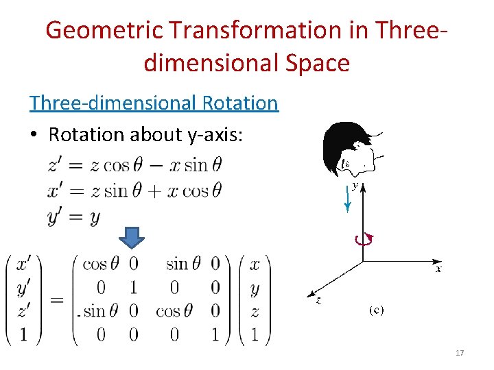 Geometric Transformation in Threedimensional Space Three-dimensional Rotation • Rotation about y-axis: 17 