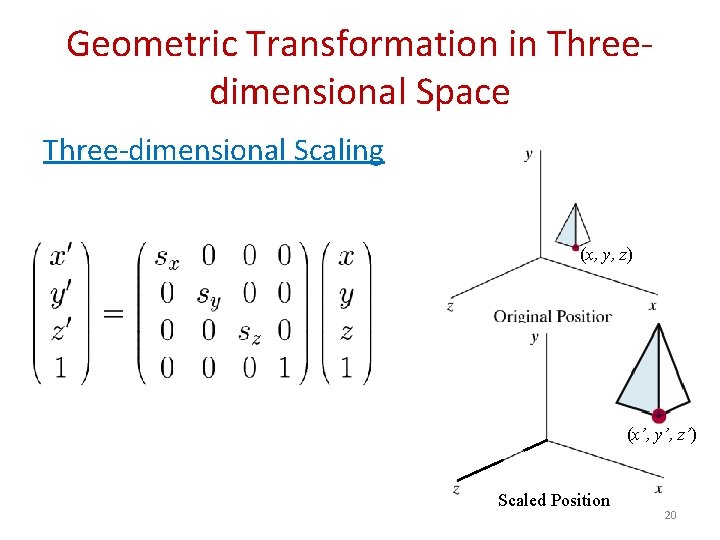 Geometric Transformation in Threedimensional Space Three-dimensional Scaling (x, y, z) (x’, y’, z’) Scaled