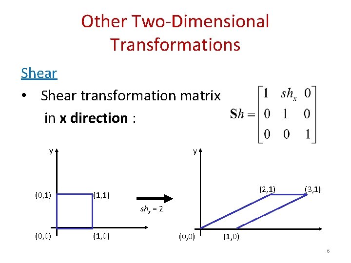 Other Two-Dimensional Transformations Shear • Shear transformation matrix in x direction : y (0,
