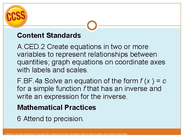 Content Standards A. CED. 2 Create equations in two or more variables to represent Content Standards A. CED. 2 Create equations in two or more variables to represent