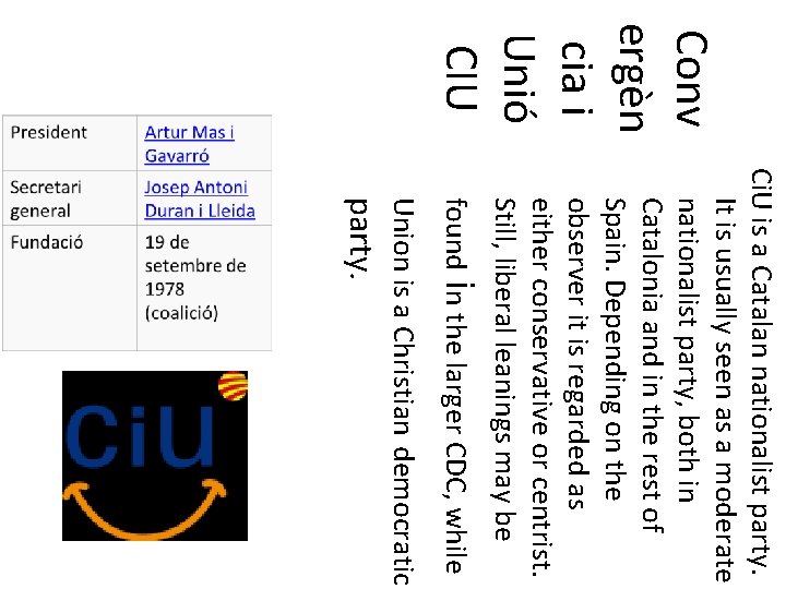 Conv ergèn cia i Unió CIU Ci. U is a Catalan nationalist party. It