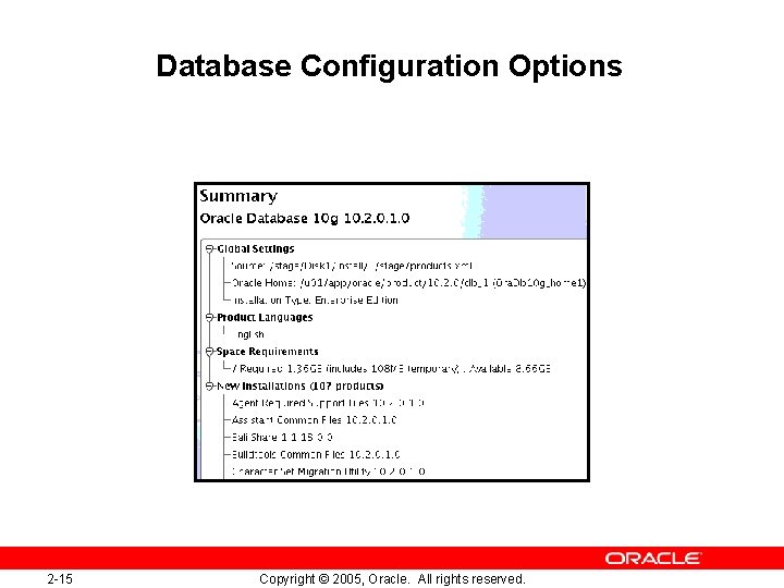 Database Configuration Options 2 -15 Copyright © 2005, Oracle. All rights reserved. 