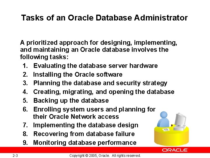 Tasks of an Oracle Database Administrator A prioritized approach for designing, implementing, and maintaining