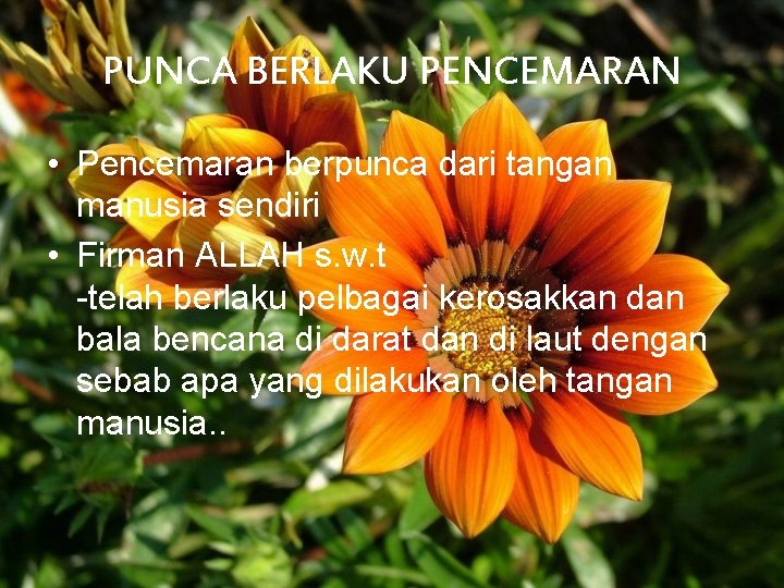 PUNCA BERLAKU PENCEMARAN • Pencemaran berpunca dari tangan manusia sendiri • Firman ALLAH s.