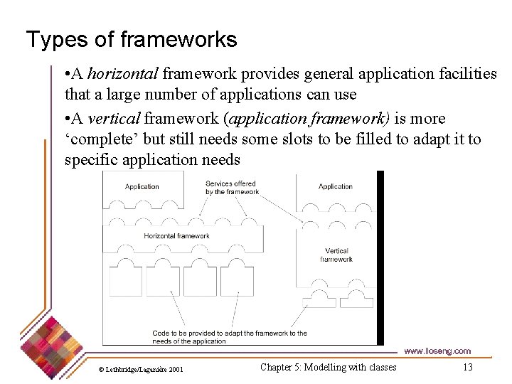 Types of frameworks • A horizontal framework provides general application facilities that a large