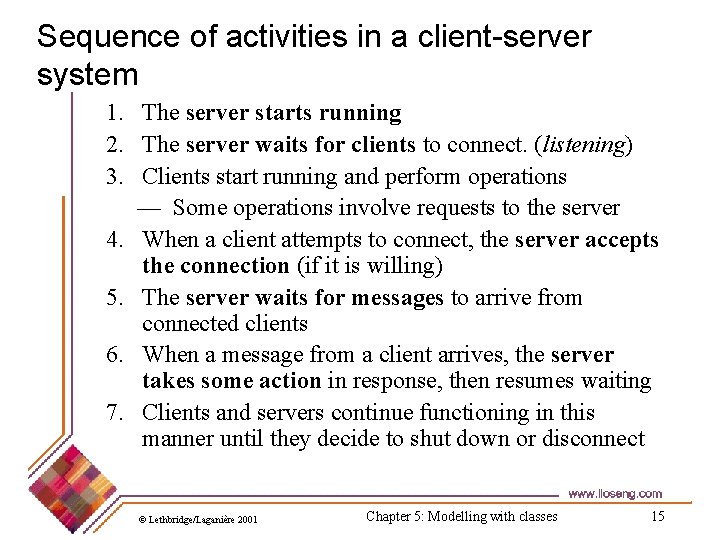 Sequence of activities in a client-server system 1. The server starts running 2. The