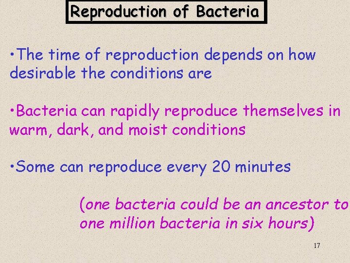 Reproduction of Bacteria • The time of reproduction depends on how desirable the conditions