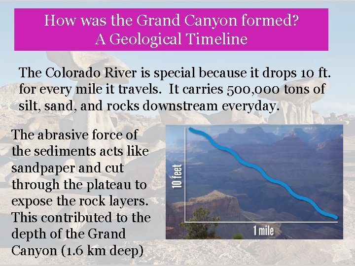 How was the Grand Canyon formed? A Geological Timeline The Colorado River is special