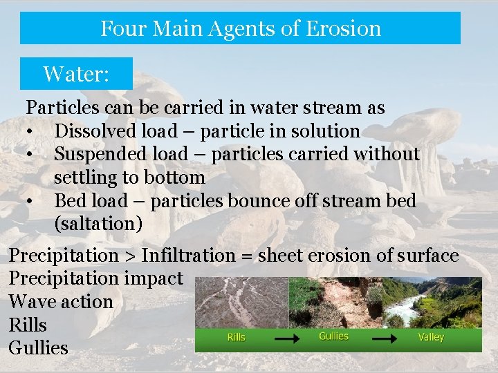 Four Main Agents of Erosion Water: Particles can be carried in water stream as