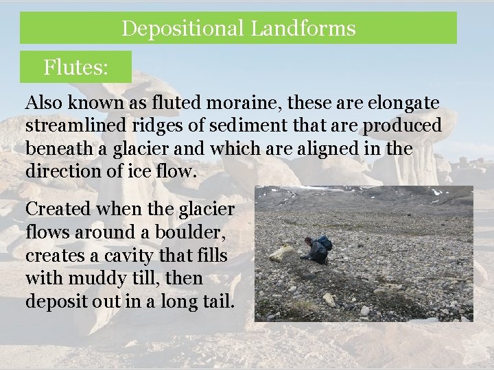 Depositional Landforms Flutes: Also known as fluted moraine, these are elongate streamlined ridges of