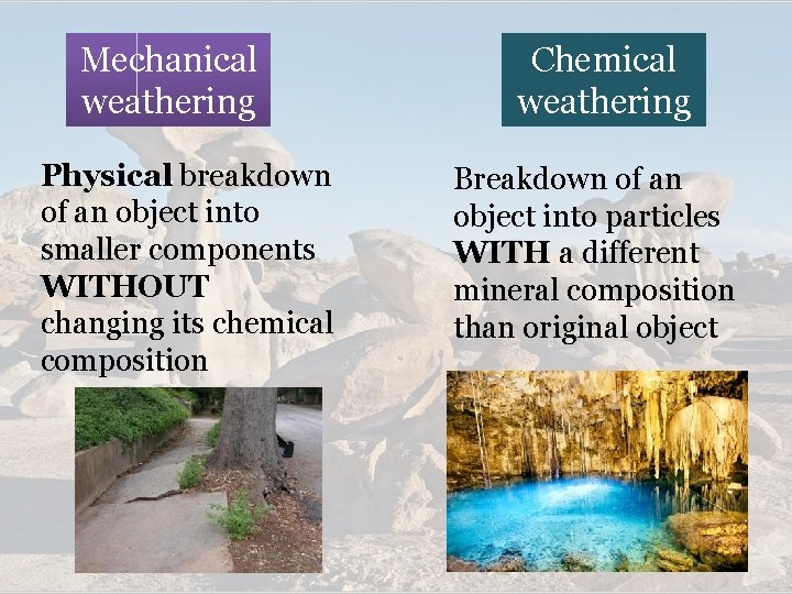 Mechanical weathering Physical breakdown of an object into smaller components WITHOUT changing its chemical