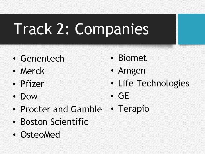 Track 2: Companies • • Genentech Merck Pfizer Dow Procter and Gamble Boston Scientific