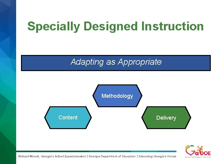 Specially Designed Instruction Adapting as Appropriate Methodology Content Delivery Richard Woods, Georgia’s School Superintendent Specially Designed Instruction Adapting as Appropriate Methodology Content Delivery Richard Woods, Georgia’s School Superintendent