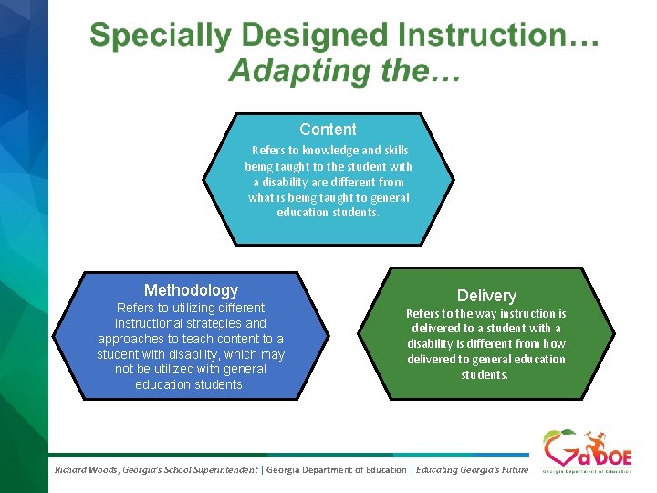 Content Refers to knowledge and skills being taught to the student with a disability Content Refers to knowledge and skills being taught to the student with a disability