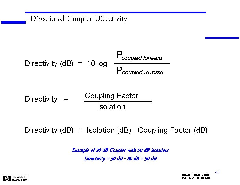 Directional Coupler Directivity (d. B) = 10 log Directivity = Pcoupled forward Pcoupled reverse