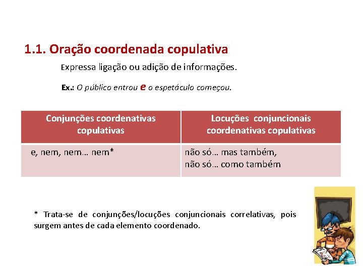 1. 1. Oração coordenada copulativa Expressa ligação ou adição de informações. Ex. : O