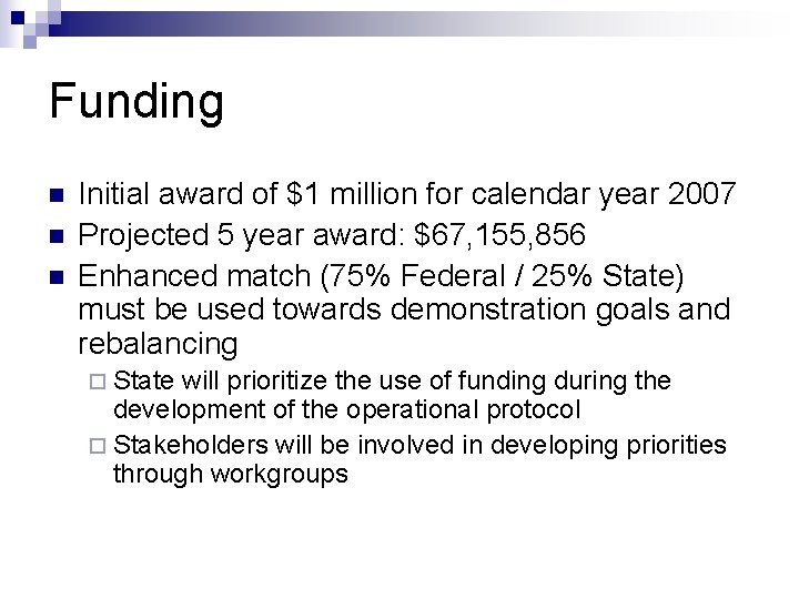 Funding n n n Initial award of $1 million for calendar year 2007 Projected