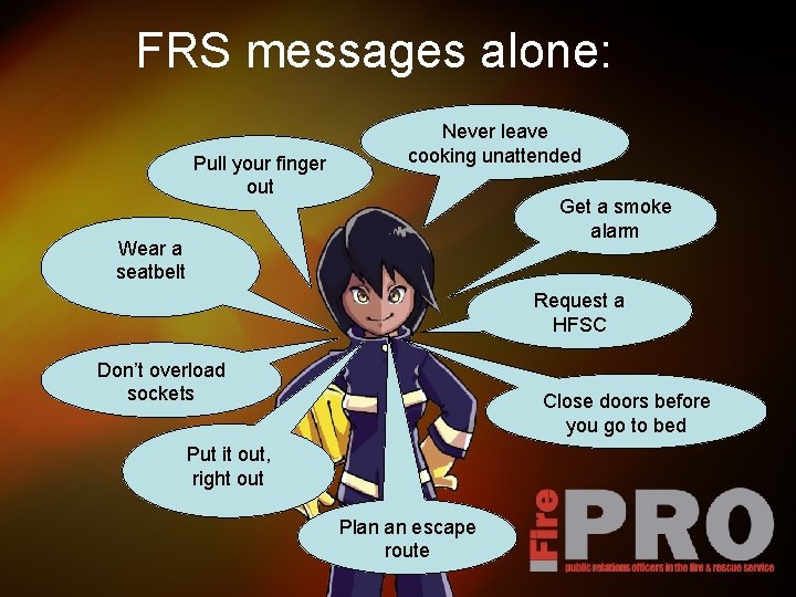 FRS messages alone: Pull your finger out Never leave cooking unattended Get a smoke