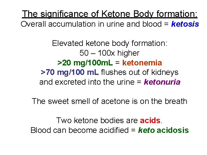The significance of Ketone Body formation: Overall accumulation in urine and blood = ketosis