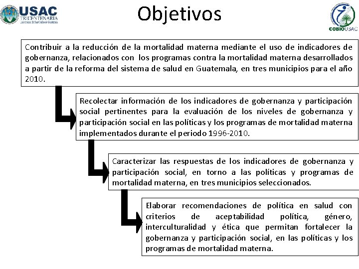 Objetivos Contribuir a la reducción de la mortalidad materna mediante el uso de indicadores
