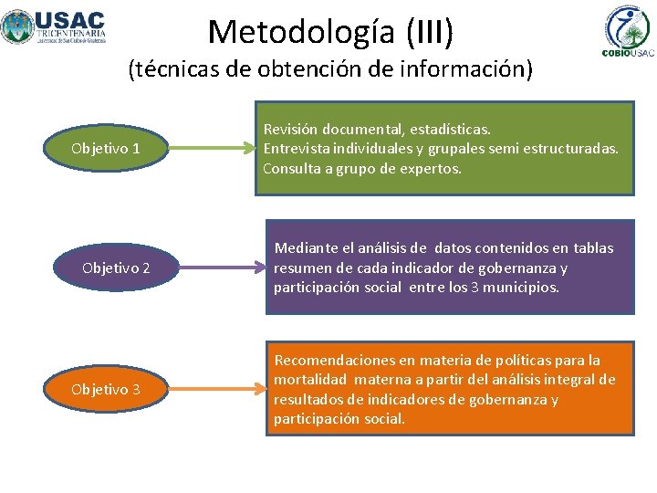 Metodología (III) (técnicas de obtención de información) Objetivo 1 Objetivo 2 Objetivo 3 Revisión