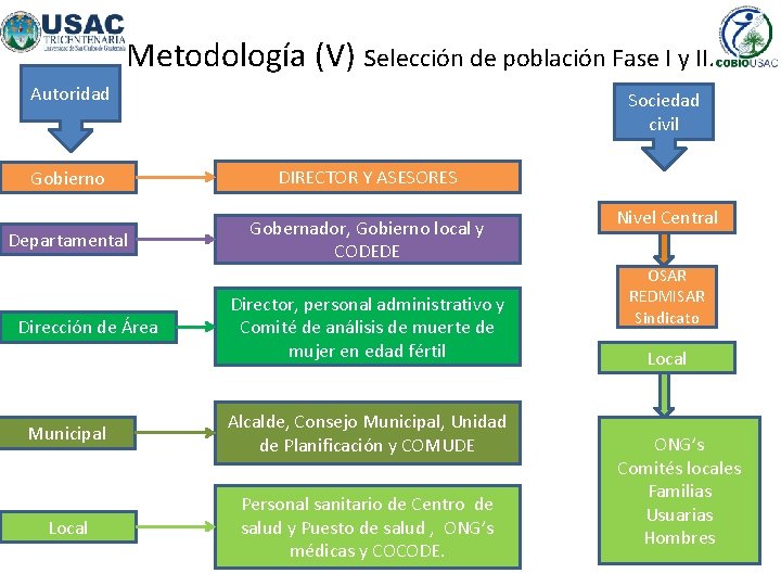 Metodología (V) selección de población Fase I y II. Autoridad Sociedad civil Gobierno DIRECTOR